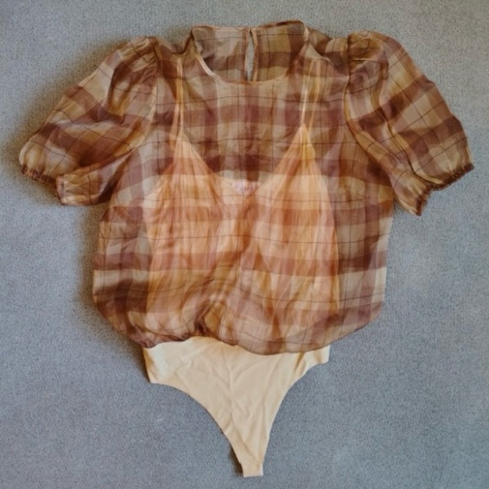 CAMI NYC 100% Silk Brown Plaid Blouse Women M Sheer Bodysuit Puff Sleeve NWOT